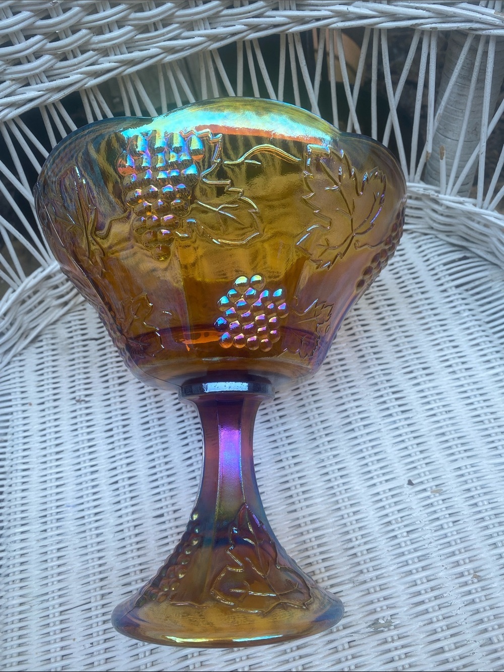 Vintage Amber Iridescent Gold
Carnival Indiana Glass Harvest
Pedestal Bowl - Picture 3 of 16